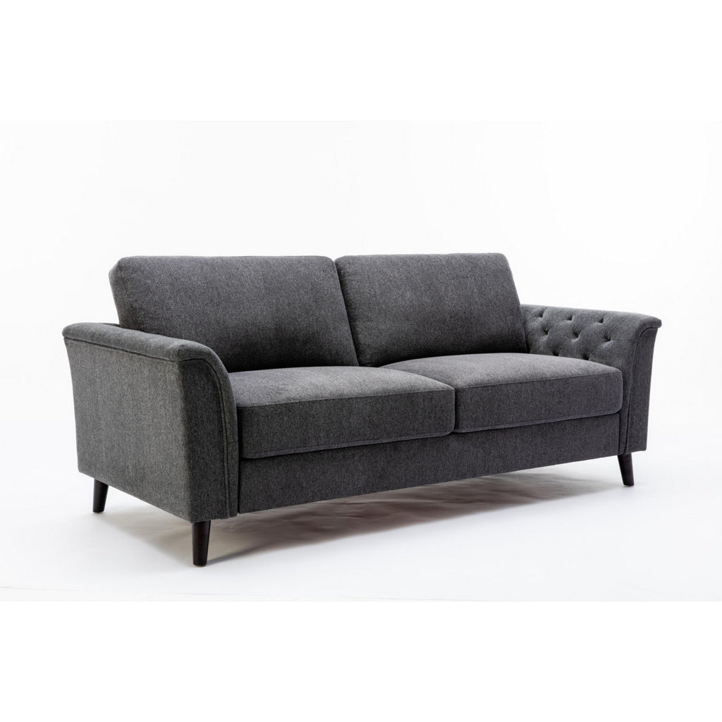 Sen 80 Inch Plush Sofa with Tufted Arms, Padded, Gray Linen, Solid Wood By Casagear Home