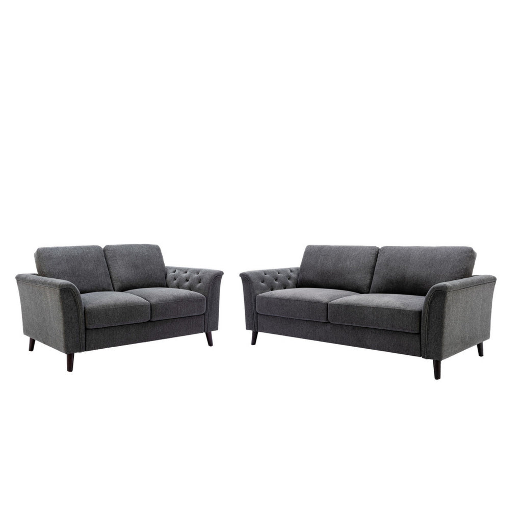 Sen 2 Piece Sofa and Loveseat Set Tufted Arms Gray Linen Solid Wood By Casagear Home BM314884