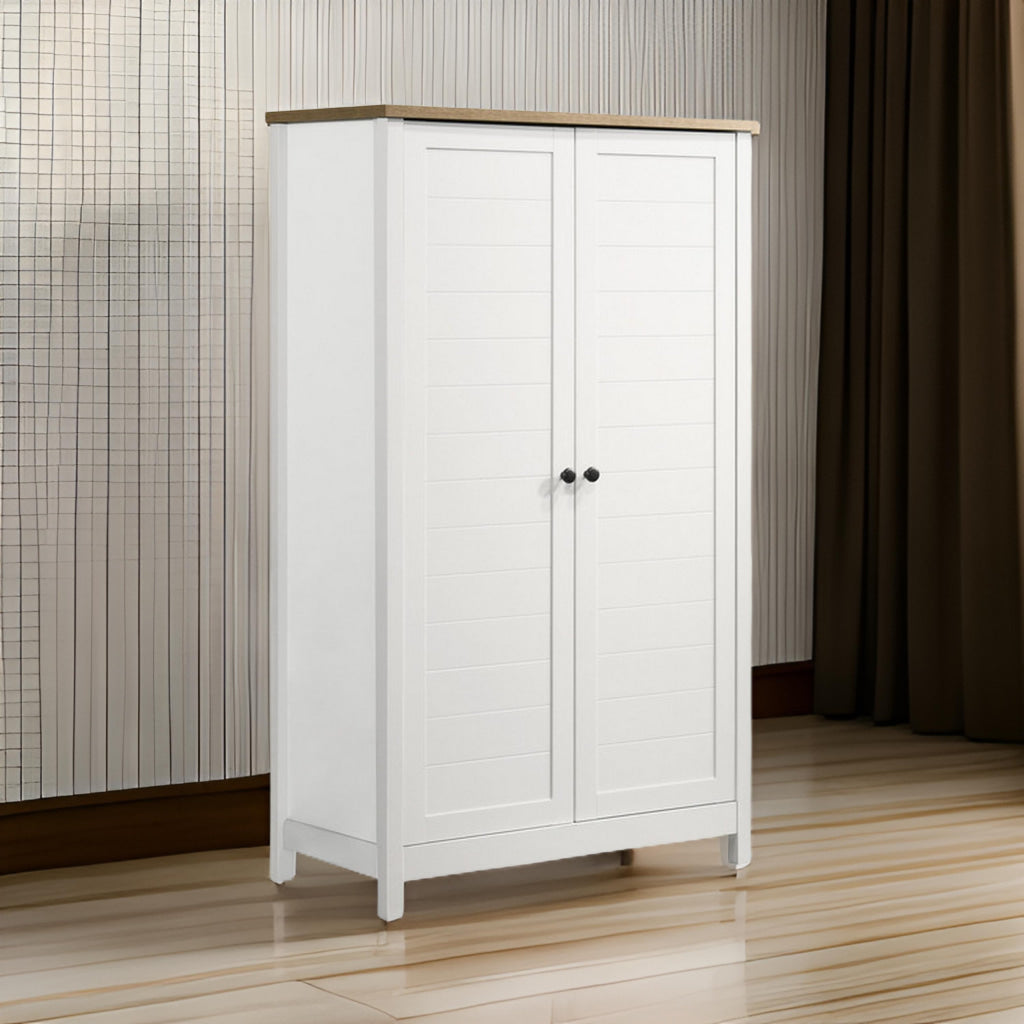 Aie 60 Inch Storage Cabinet, Framed Slatted Panel Doors, White, Brown Wood By Casagear Home