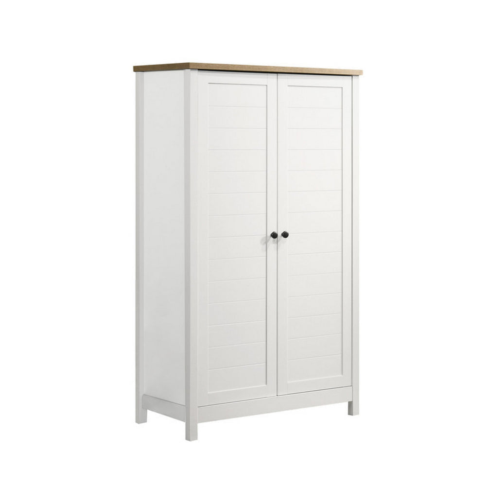 Aie 60 Inch Storage Cabinet, Framed Slatted Panel Doors, White, Brown Wood By Casagear Home