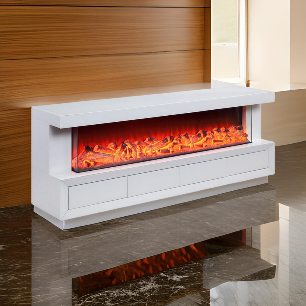 Dori 71 Inch TV Console with Fireplace Speaker 4 Drawer White Solid Wood By Casagear Home BM314894