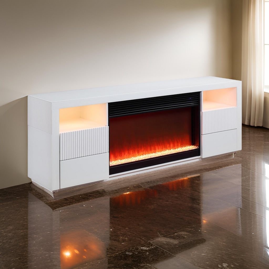 Deni 71 Inch TV Console with Fireplace Speaker Drawers White Wood By Casagear Home BM314898