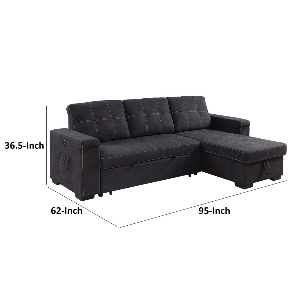 Oby 95 Inch Reversible Sleeper Sectional Sofa Storage Chaise USB Black By Casagear Home BM314907