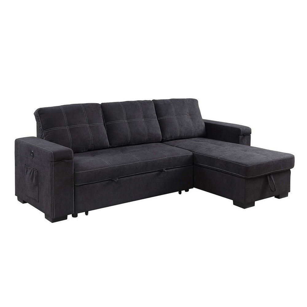 Oby 95 Inch Reversible Sleeper Sectional Sofa, Storage Chaise, USB, Black By Casagear Home