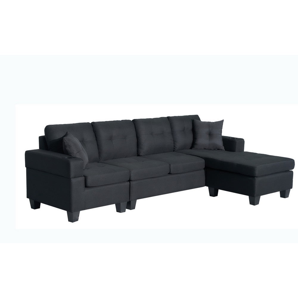 Ala 97 Inch Reversible Sectional Sofa, Cupholder, 2 Throw Pillows, Black By Casagear Home