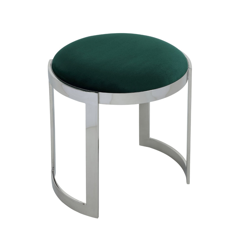 Niyo 19 Inch Accent Stool Ottoman, Round Seat, Soft Green Velvet, Silver By Casagear Home