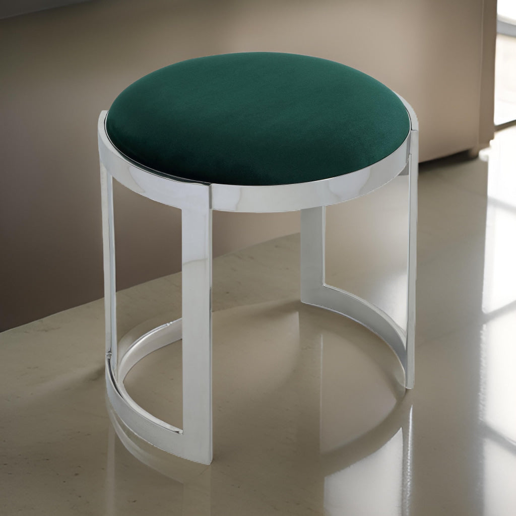 Niyo 19 Inch Accent Stool Ottoman, Round Seat, Soft Green Velvet, Silver By Casagear Home