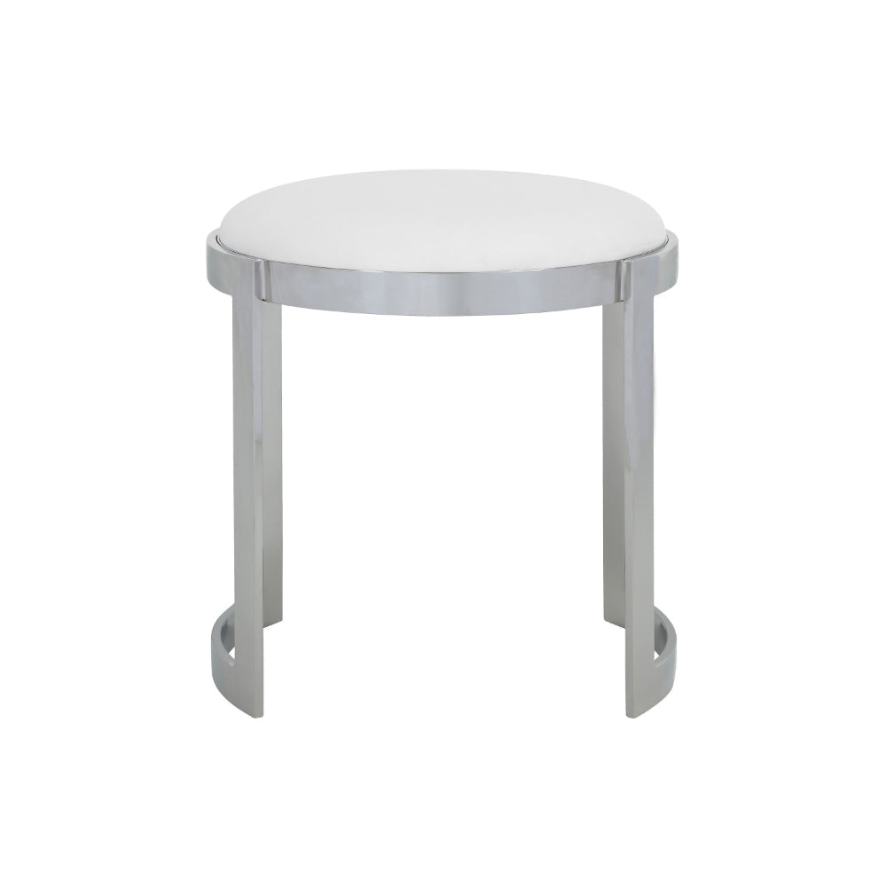 Niyo 19 Inch Accent Stool Ottoman Round Seat White Faux Leather Silver By Casagear Home BM314920