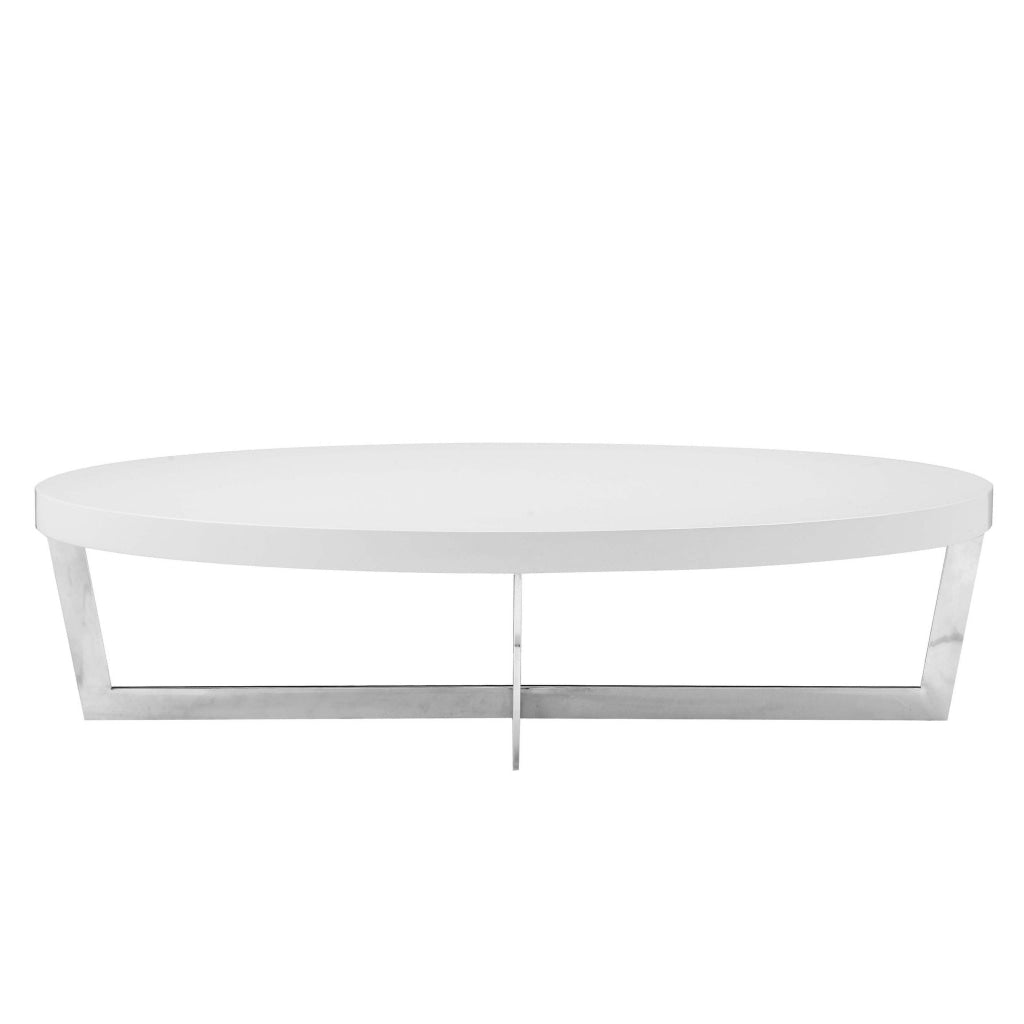 Tini 55 Inch Coffee Table, Oval Shaped Top, Metal Frame, White Finish By Casagear Home