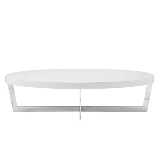 Tini 55 Inch Coffee Table, Oval Shaped Top, Metal Frame, White Finish By Casagear Home