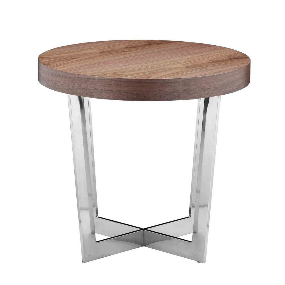 Tini 24 Inch Side End Table Round Shaped Top Metal Frame Walnut Brown By Casagear Home BM314923