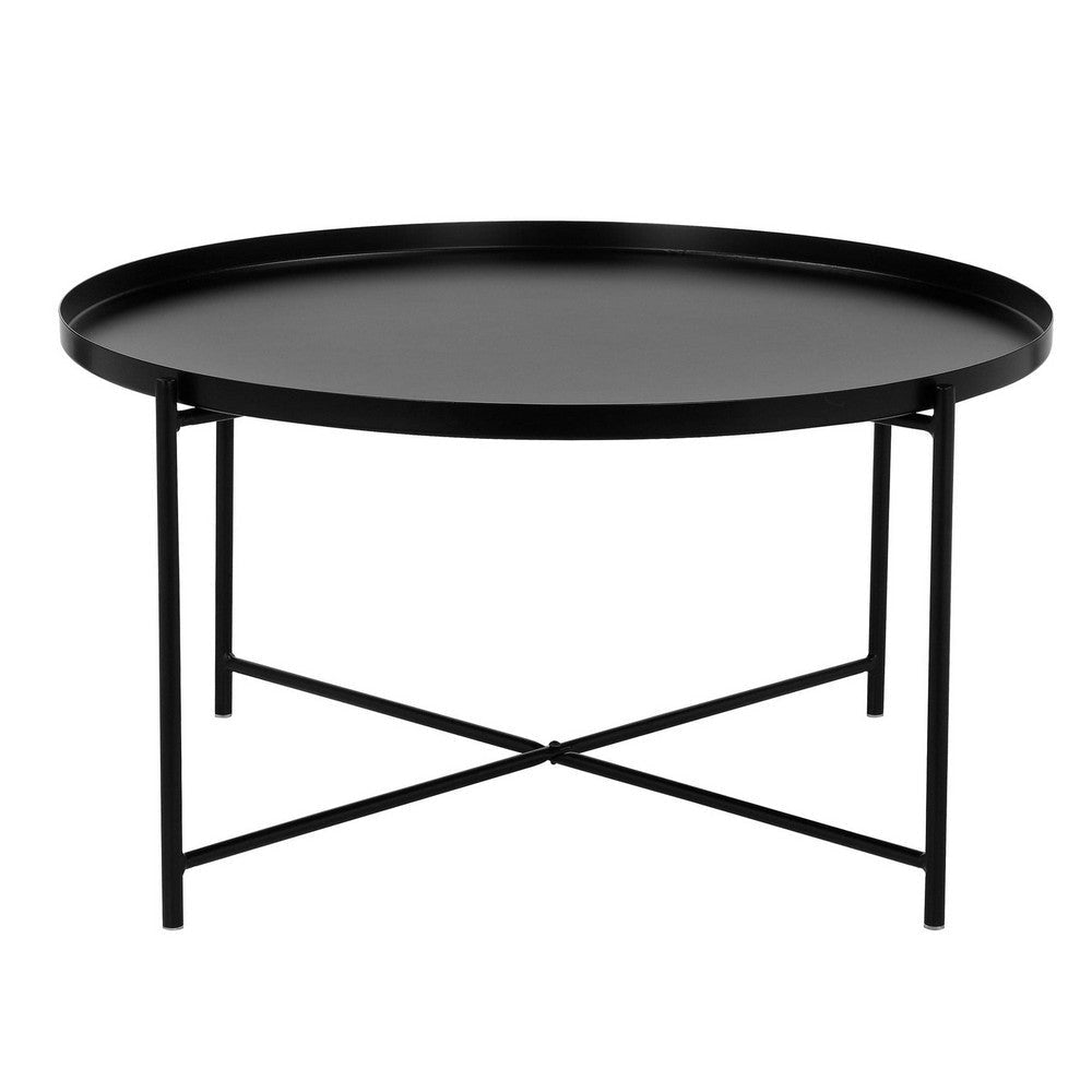 Ely 33 Inch Coffee Table Round Tray Top Cross Base Black Metal Finish By Casagear Home BM314935