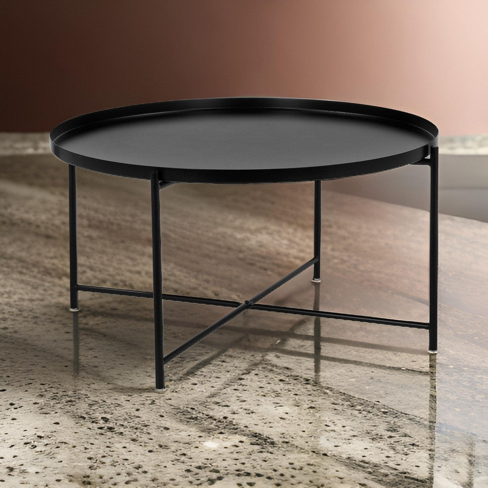 Ely 33 Inch Coffee Table Round Tray Top Cross Base Black Metal Finish By Casagear Home BM314935