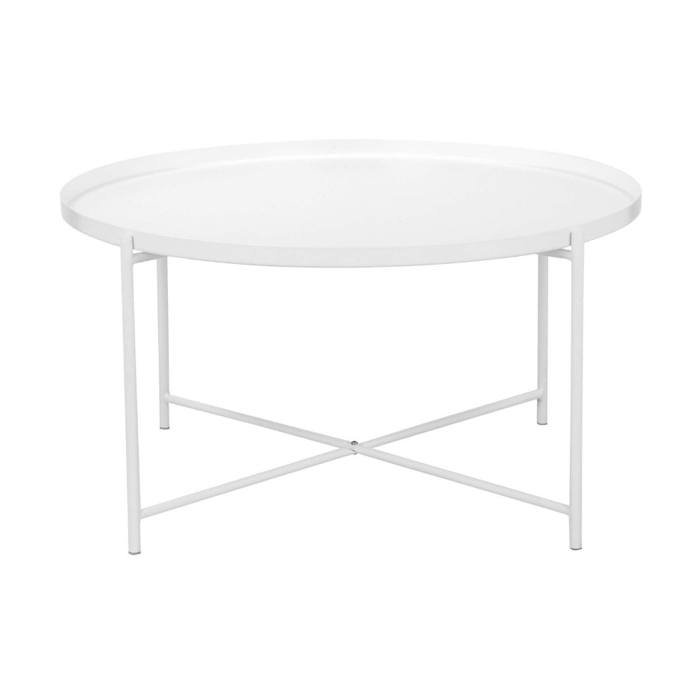 Ely 33 Inch Coffee Table Round Top with Cross Base White Metal Finish By Casagear Home BM314936