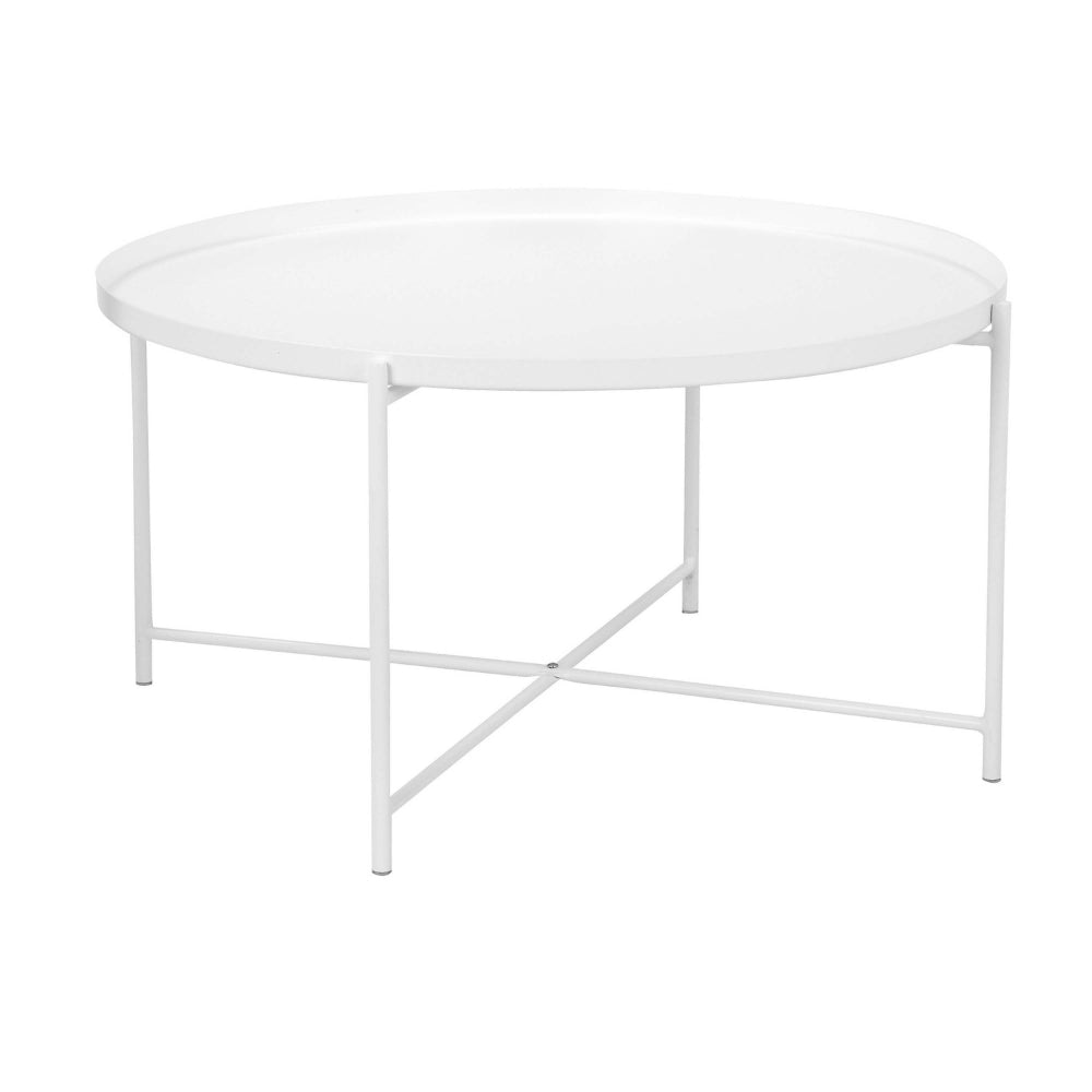 Ely 33 Inch Coffee Table, Round Top with Cross Base, White Metal Finish By Casagear Home