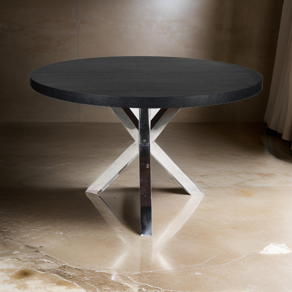 Emi 47 Inch Round Dining Table, X- Cross Metal Base, Black Wood, Silver By Casagear Home