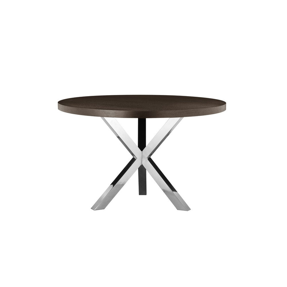 Emi 47 Inch Round Dining Table X- Cross Brushed Steel Dark Brown Wood By Casagear Home BM314938