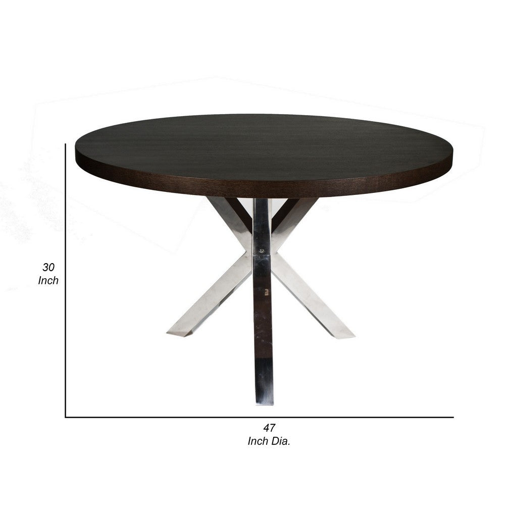 Emi 47 Inch Round Dining Table X- Cross Brushed Steel Dark Brown Wood By Casagear Home BM314938