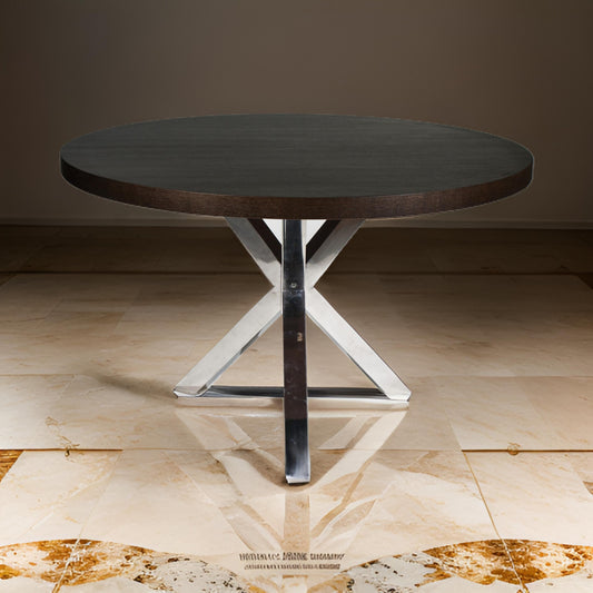 Emi 47 Inch Round Dining Table, X- Cross Brushed Steel, Dark Brown Wood By Casagear Home