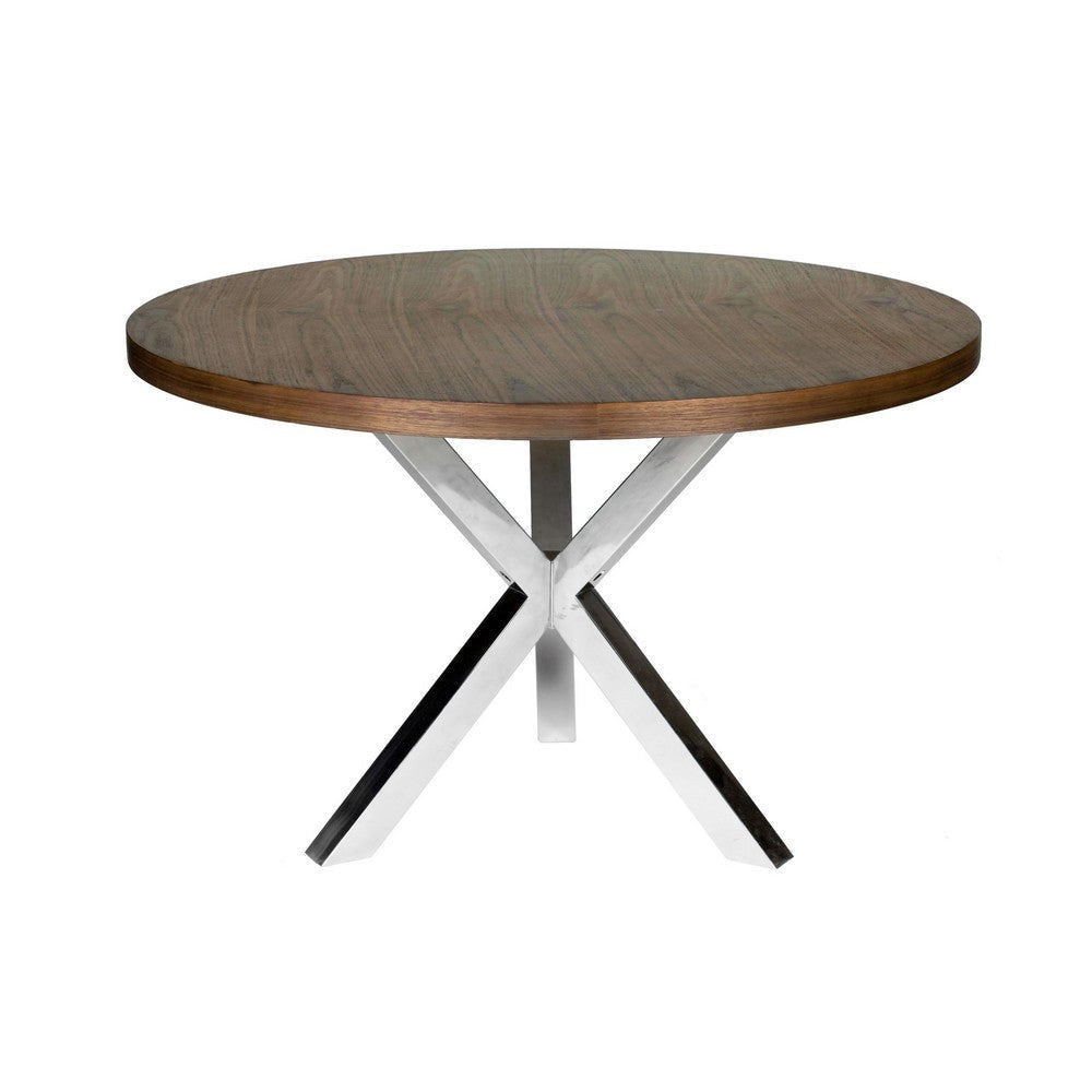 Emi 47 Inch Round Dining Table, X- Cross Brushed Steel, Walnut Brown Wood By Casagear Home