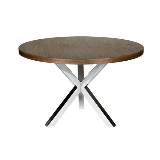 Emi 47 Inch Round Dining Table, X- Cross Brushed Steel, Walnut Brown Wood By Casagear Home