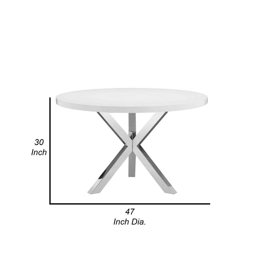 Emi 47 Inch Round Dining Table X- Cross Brushed Steel White Wood By Casagear Home BM314940