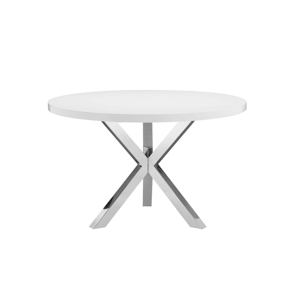 Emi 47 Inch Round Dining Table X- Cross Brushed Steel White Wood By Casagear Home BM314940