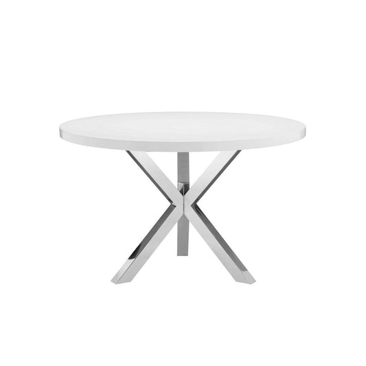 Emi 47 Inch Round Dining Table, X- Cross Brushed Steel, White Wood By Casagear Home