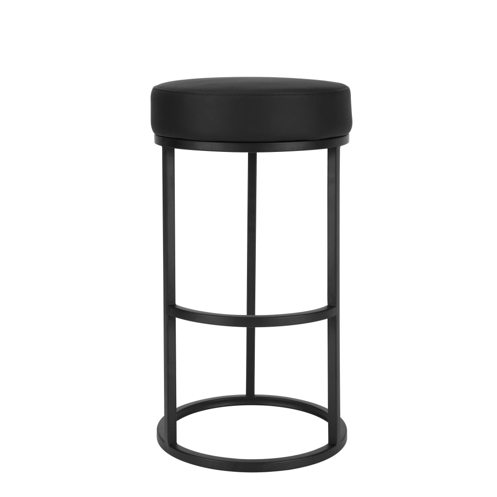 Tane 30 Inch Barstool Round Black Faux Leather Padded Seat Black Metal By Casagear Home BM314947