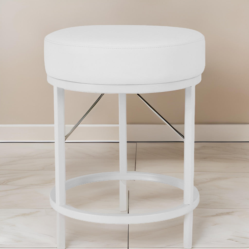 Tane 18 Inch Modern Accent Stool Round Padded White Faux Leather Seat By Casagear Home BM314951