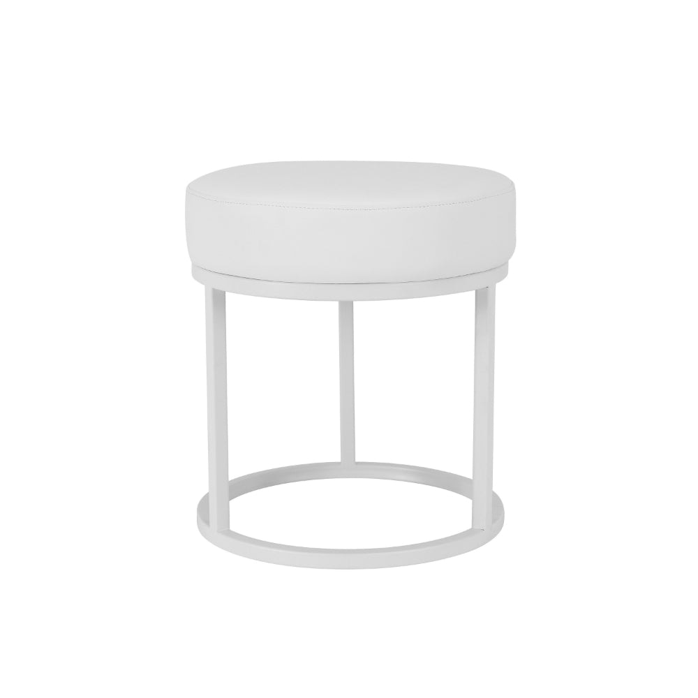 Tane 18 Inch Modern Accent Stool, Round Padded White Faux Leather Seat By Casagear Home