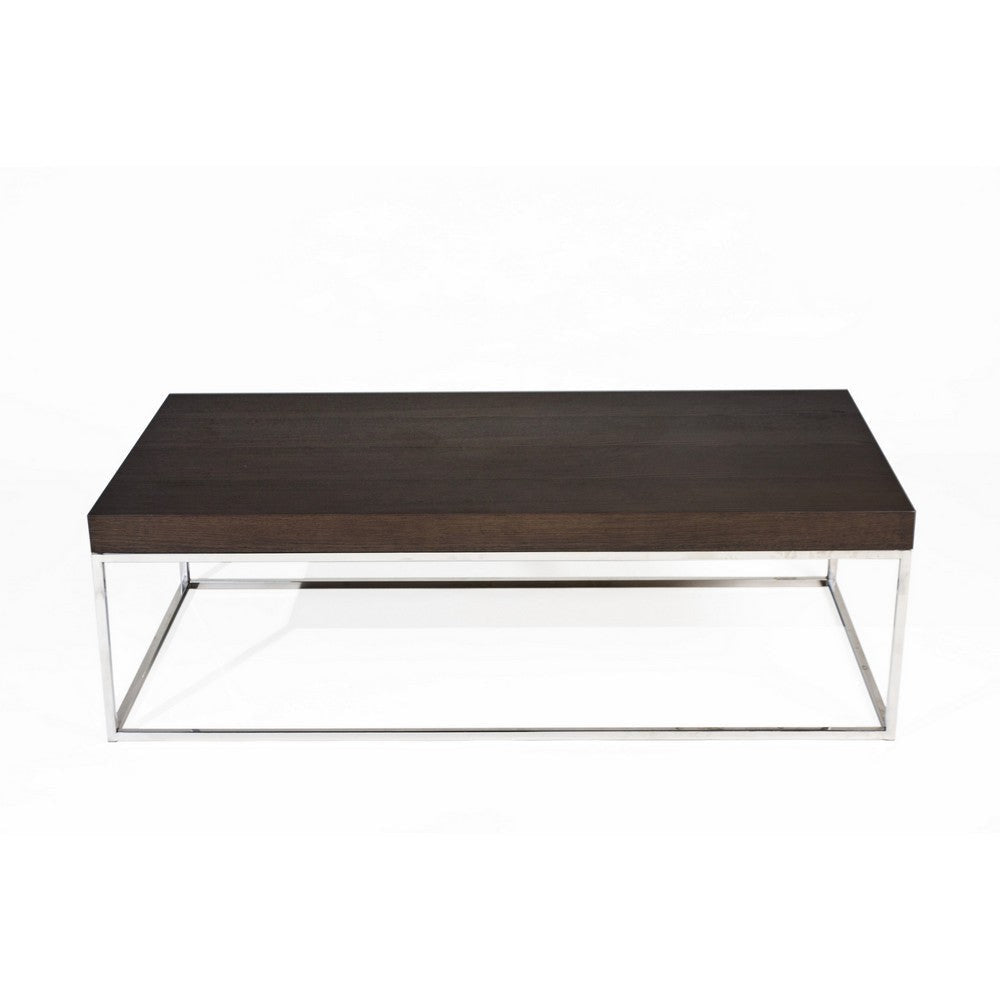 Zen 48 Inch Coffee Table Rectangular Chrome Base Dark Brown Solid Wood By Casagear Home BM314960