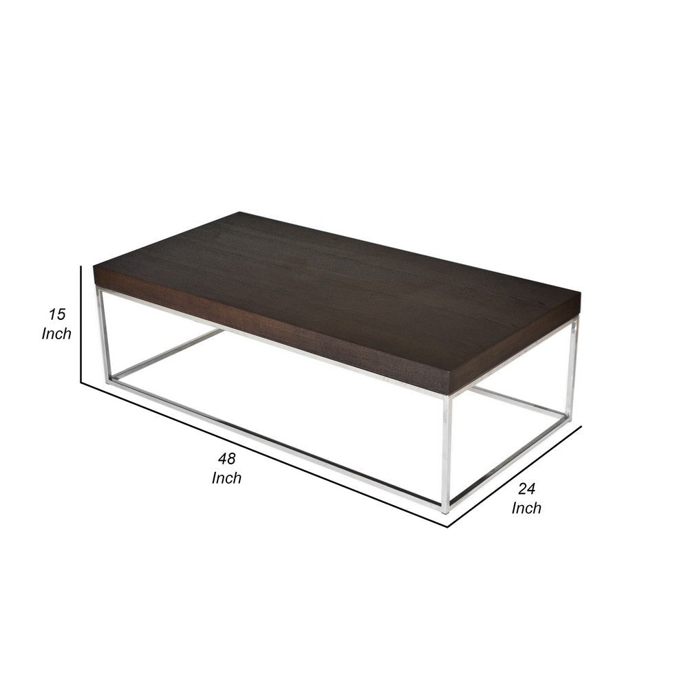 Zen 48 Inch Coffee Table Rectangular Chrome Base Dark Brown Solid Wood By Casagear Home BM314960