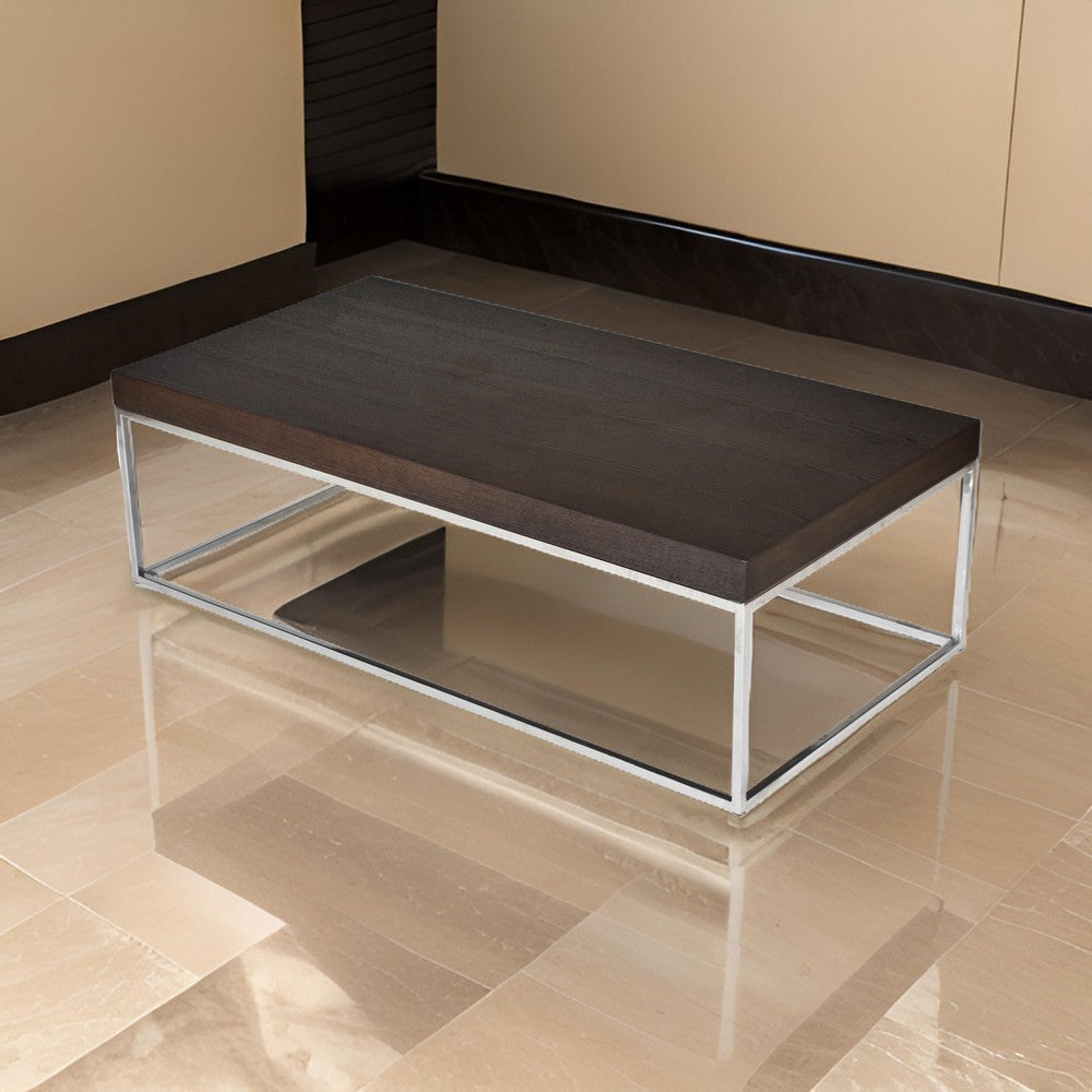 Zen 48 Inch Coffee Table, Rectangular Chrome Base, Dark Brown Solid Wood By Casagear Home