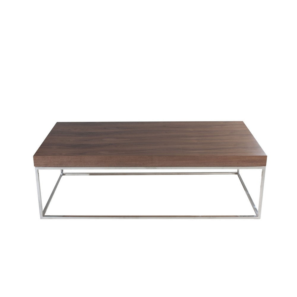 Zen 48 Inch Coffee Table Rectangular Chrome Base Walnut Brown Wood Top By Casagear Home BM314961