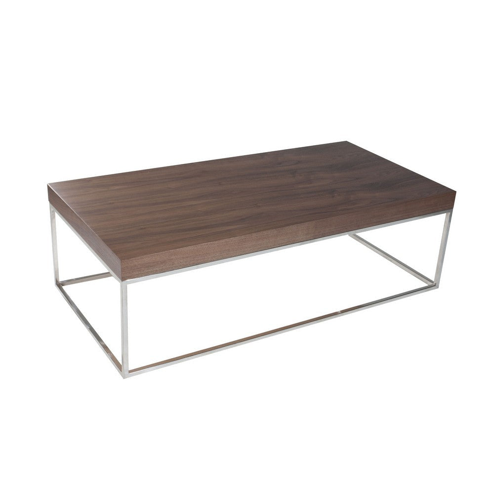 Zen 48 Inch Coffee Table Rectangular Chrome Base Walnut Brown Wood Top By Casagear Home BM314961