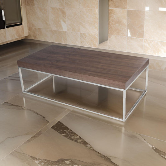 Zen 48 Inch Coffee Table Rectangular Chrome Base Walnut Brown Wood Top By Casagear Home BM314961