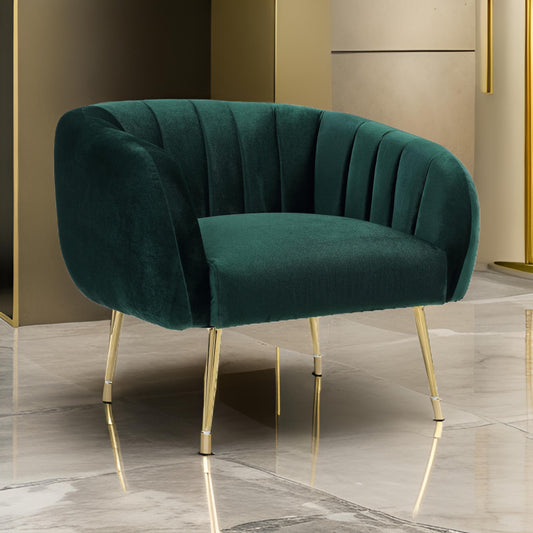 Decy 34 Inch Accent Chair, Channel Stitched, Cushioned, Green Velvet, Gold By Casagear Home