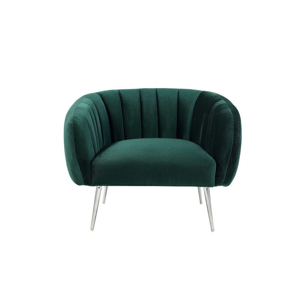 Decy 34 Inch Accent Chair Channel Stitched Cushioned Green Velvet Silver By Casagear Home BM314968