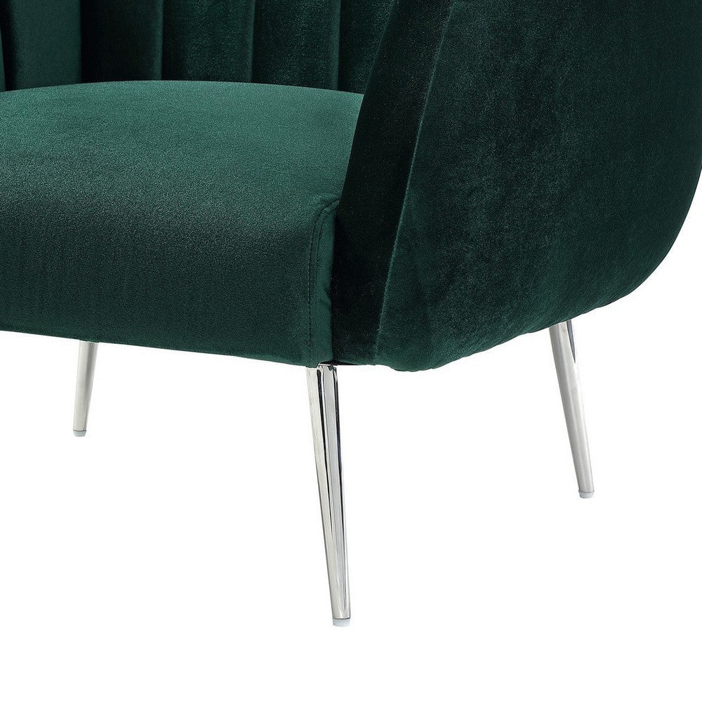 Decy 34 Inch Accent Chair Channel Stitched Cushioned Green Velvet Silver By Casagear Home BM314968