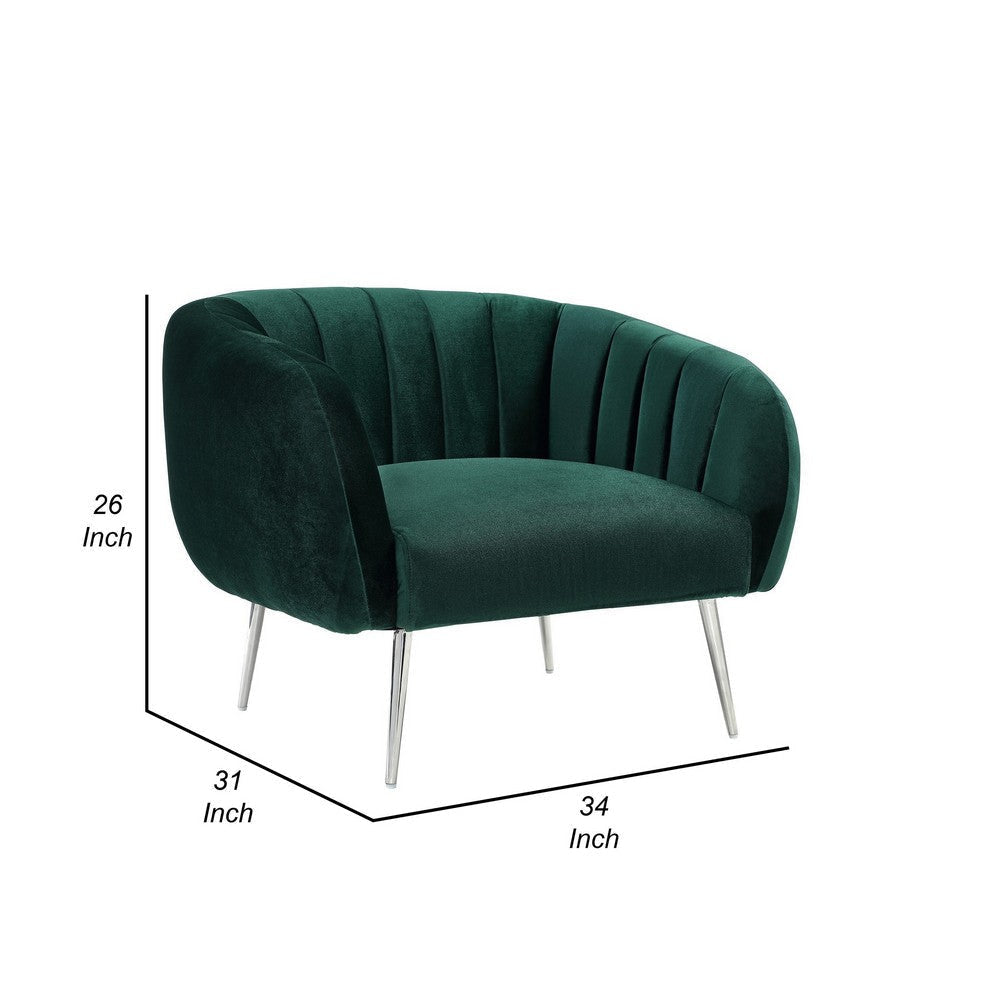 Decy 34 Inch Accent Chair Channel Stitched Cushioned Green Velvet Silver By Casagear Home BM314968