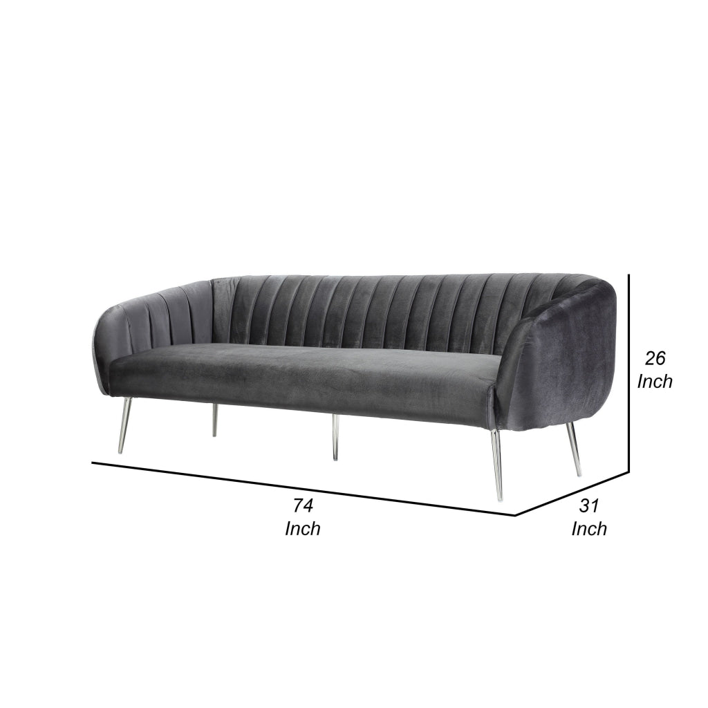 Decy 74 Inch Sofa Channel Stitched Cushioned Seat Gray Velvet Silver By Casagear Home BM314971