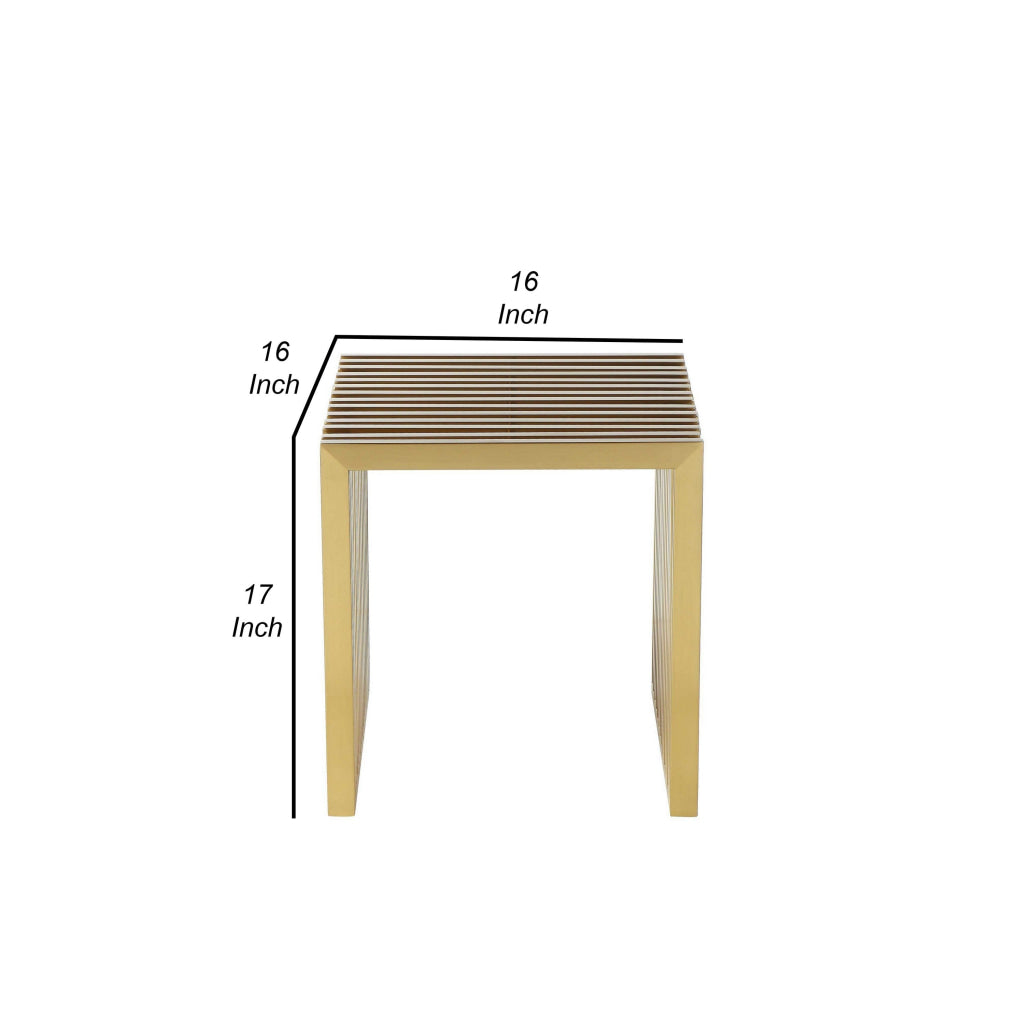 Niki 17 Inch Accent Stool Slatted Design Square Luxurious Brushed Gold By Casagear Home BM314975