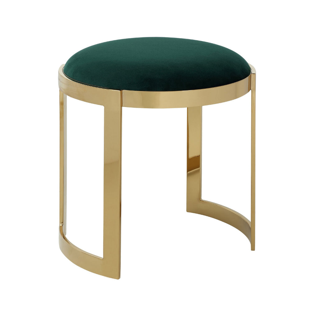 Niyo 19 Inch Accent Stool Ottoman, Round Cushioned Green Velvet Seat, Gold By Casagear Home