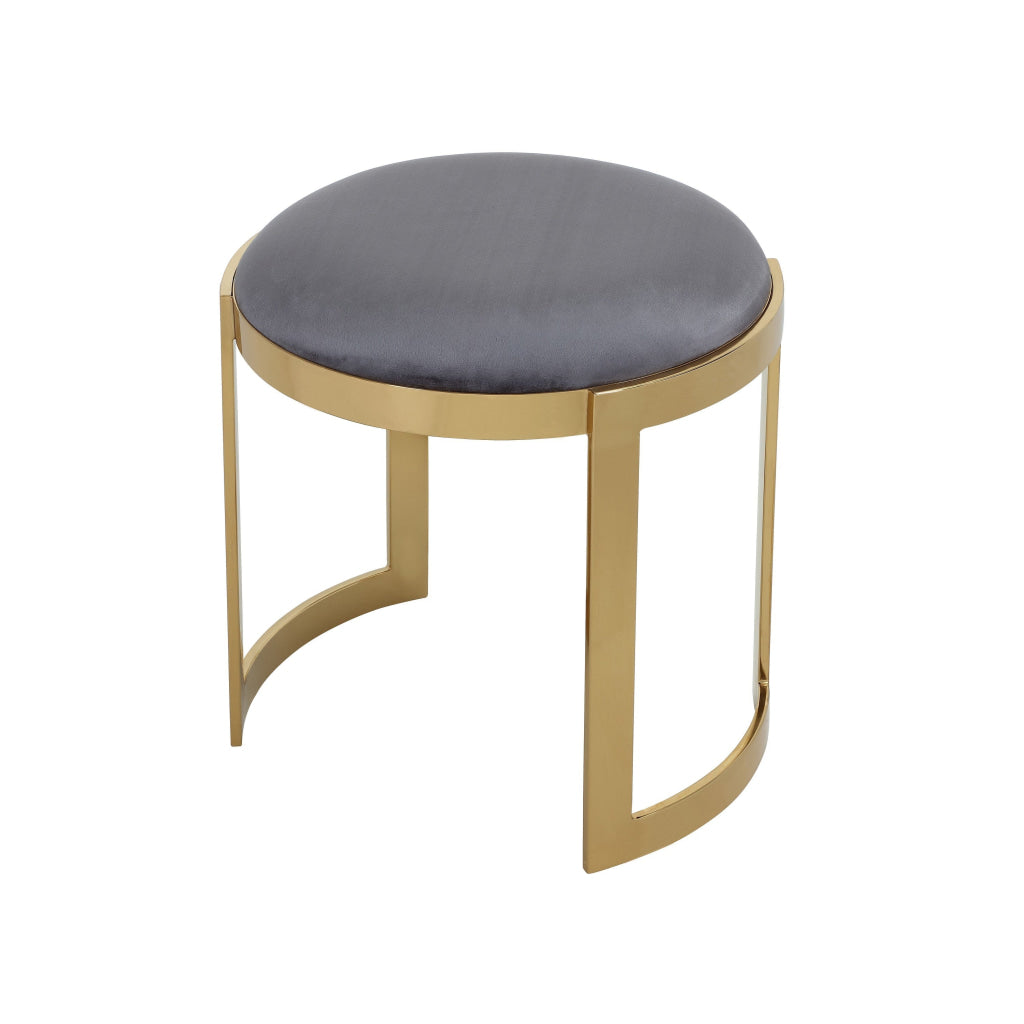 Niyo 19 Inch Accent Stool Ottoman Round Cushioned Gray Velvet Seat Gold By Casagear Home BM314977