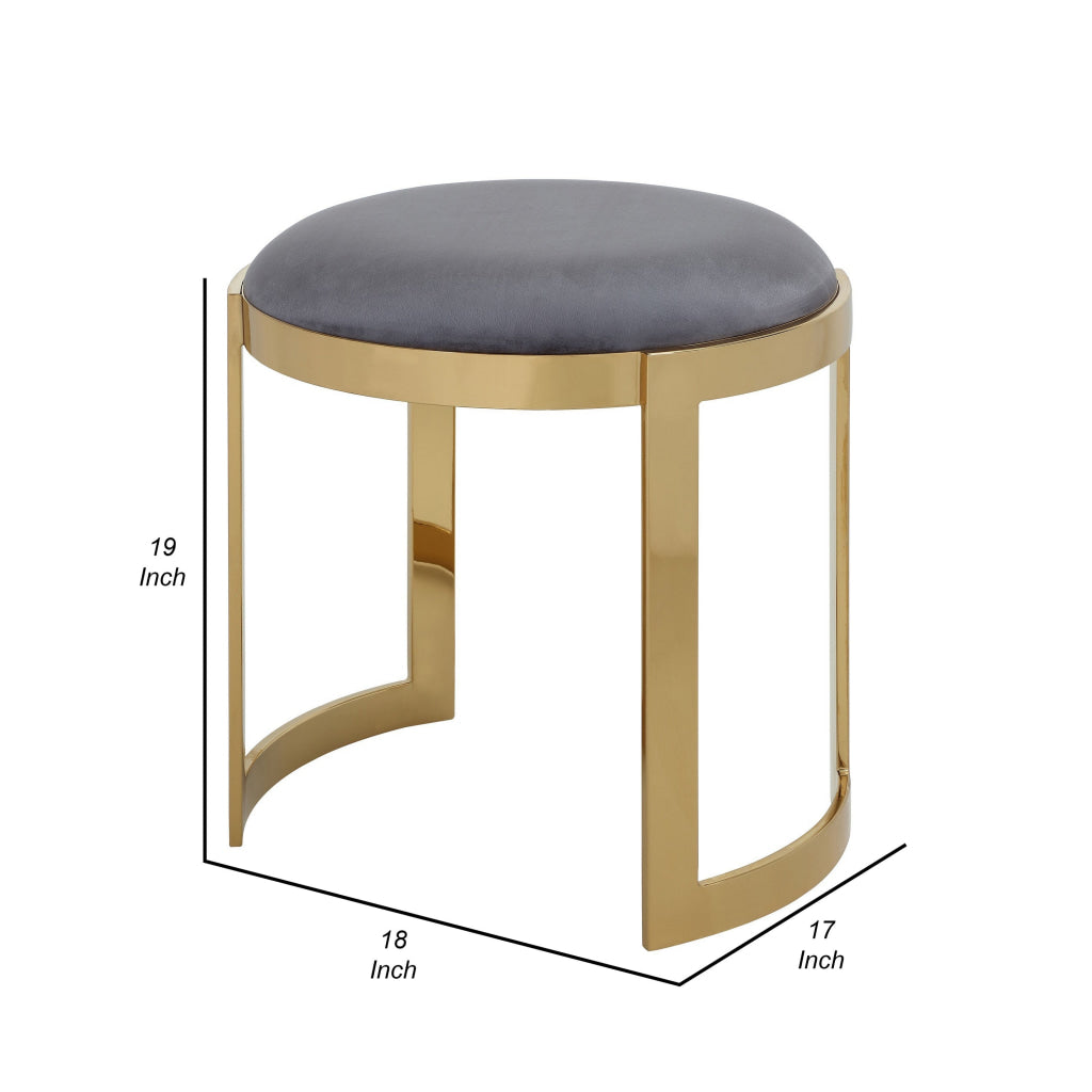 Niyo 19 Inch Accent Stool Ottoman Round Cushioned Gray Velvet Seat Gold By Casagear Home BM314977