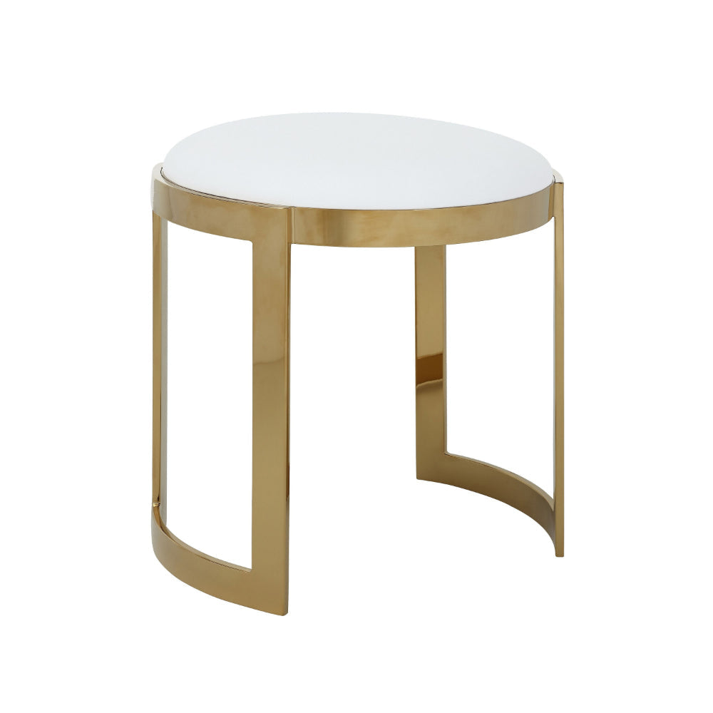 Niyo 19 Inch Accent Stool Ottoman, Round Cushioned White Faux Leather, Gold By Casagear Home