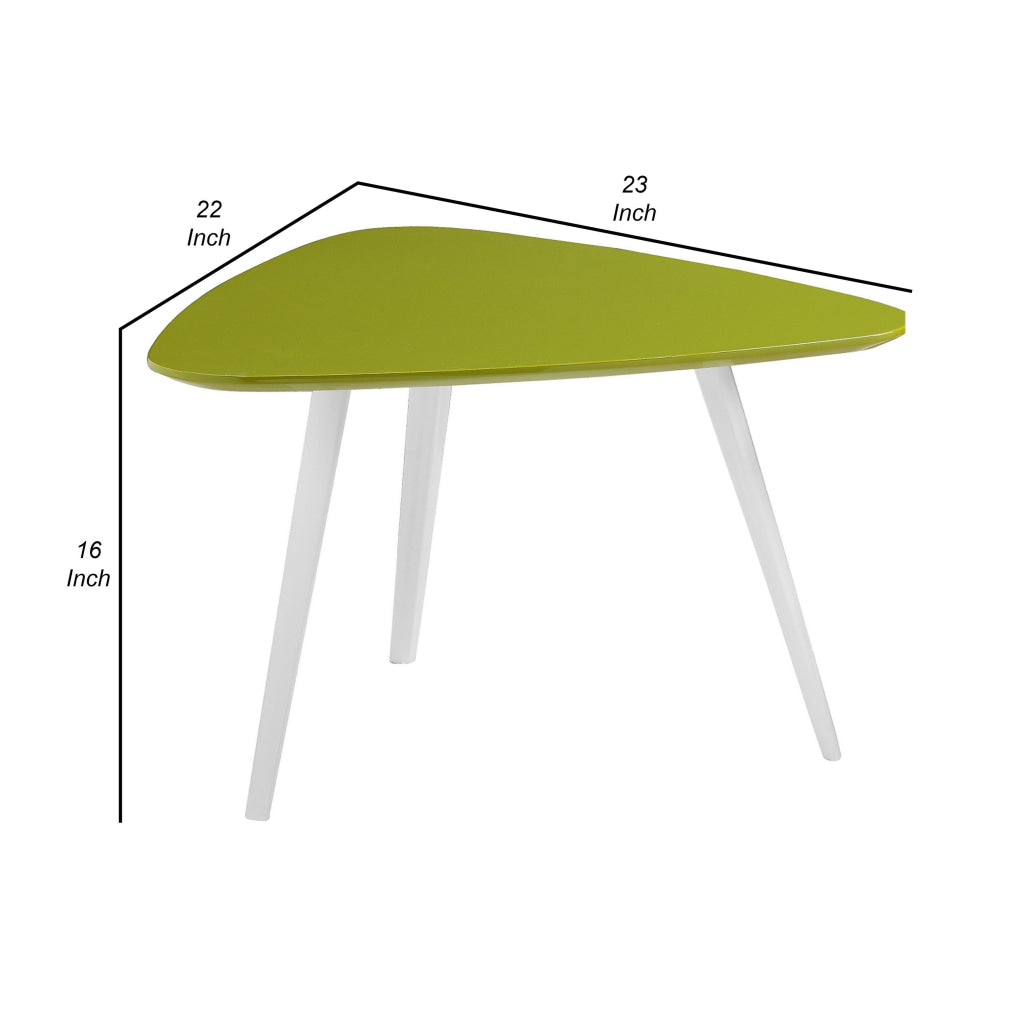 23 Inch Accent Table Triangular Top Green Lacquer Top and White Legs By Casagear Home BM314979