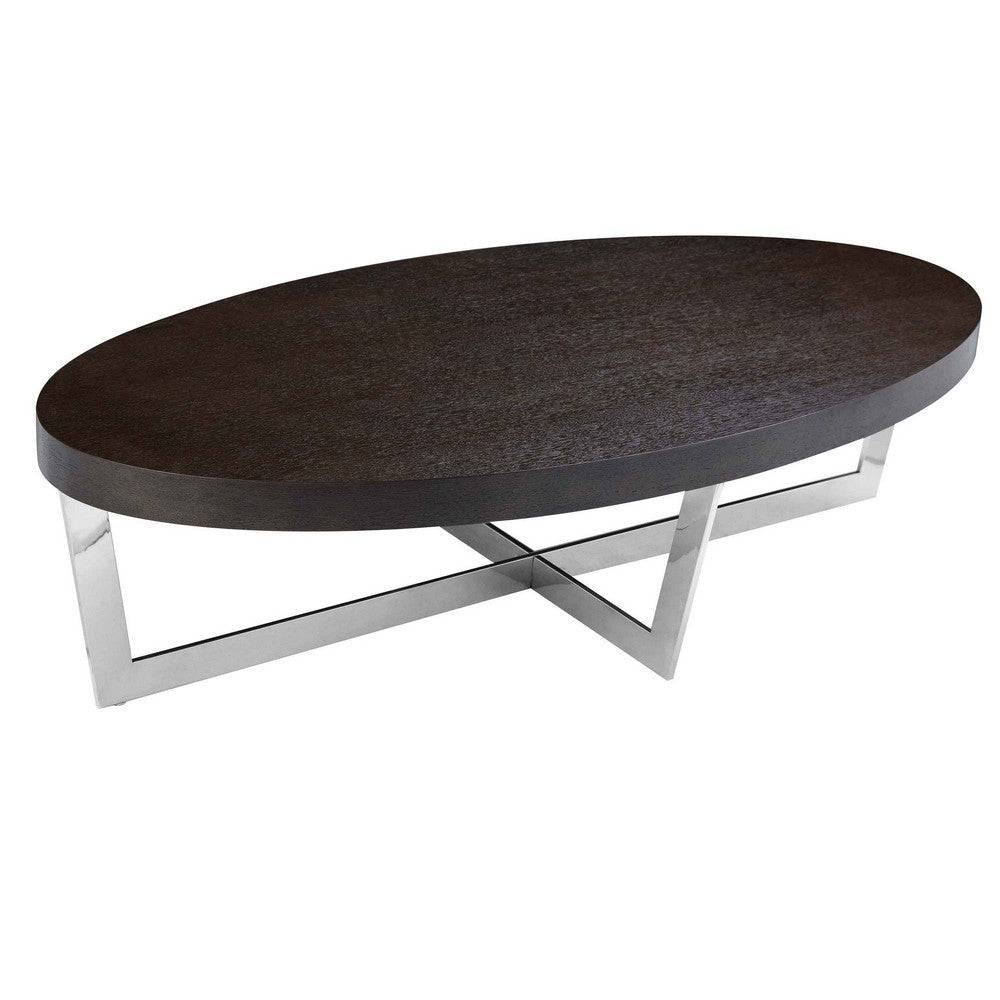 Tini 55 Inch Coffee Table Oval Top Chrome Frame Espresso Brown Finish By Casagear Home BM314982