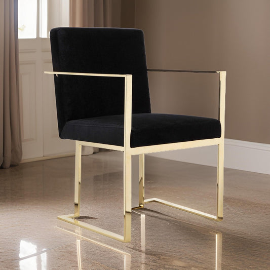 Boly 24 Inch Dining Armchair, Cushioned Black Velvet Seat, Gold Cantilever  By Casagear Home